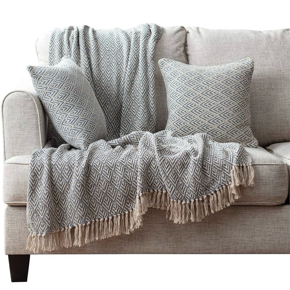 Chanasya Jacquard Cotton Throw Blanket and Pillow Set Dusty Blue New